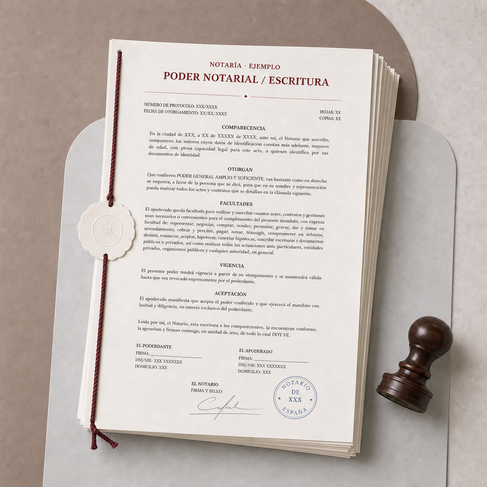 Poder notarial o escritura española de ejemplo para traducción jurada