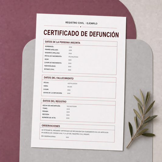 Certificado de defunción español de ejemplo para traducción jurada